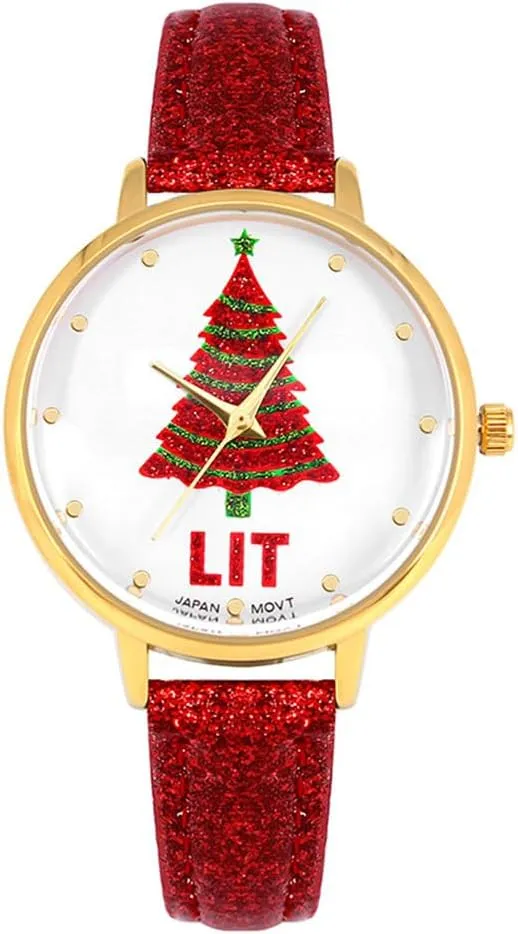 MASTOP Christmas Tree Watches for Women Santa Claus Snowflake Design 32mm Dial PU Leather Women Watch Men Christmas Gift Gold Green Silver Waistwatch Analog, Unique Fun Novelty