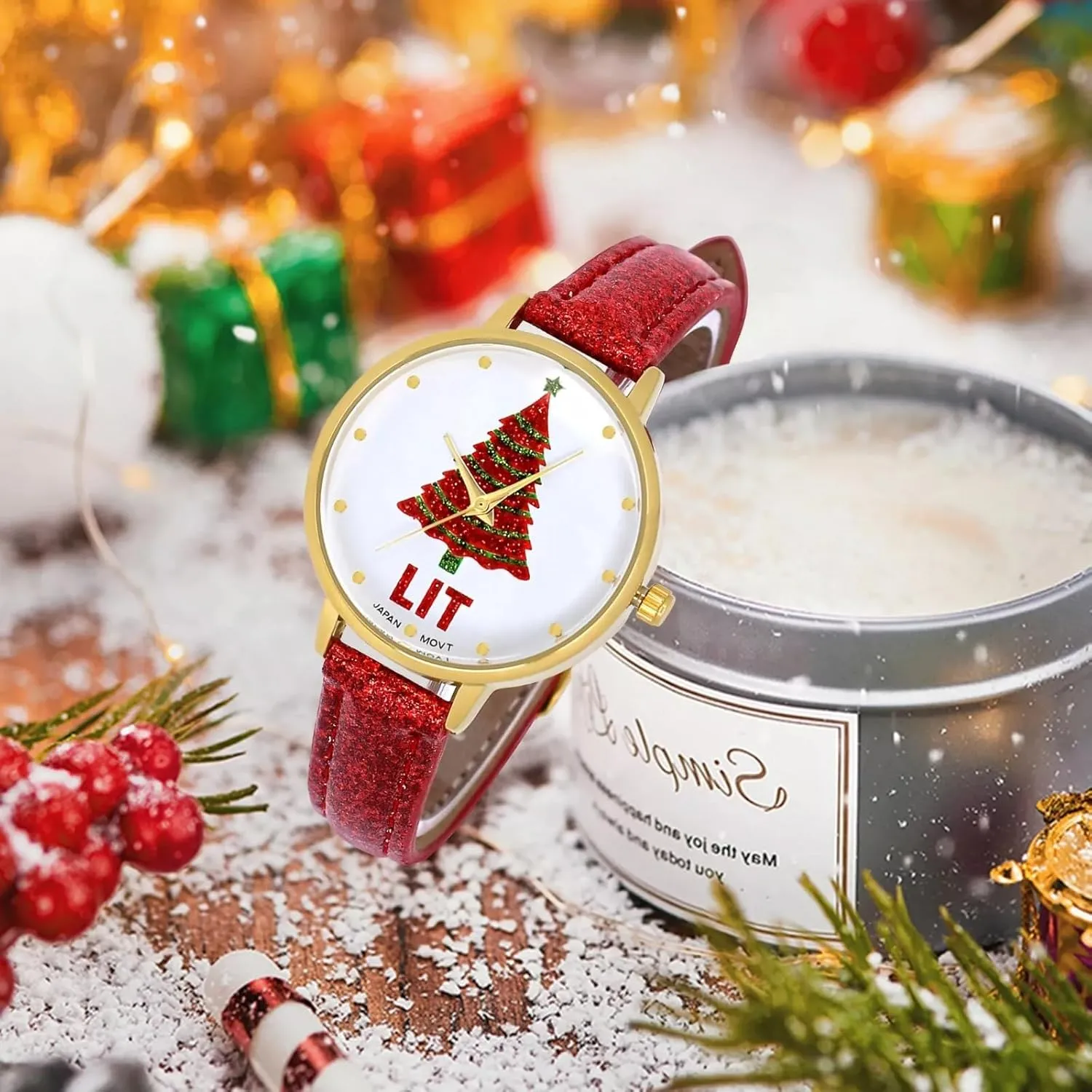MASTOP Christmas Tree Watches for Women Santa Claus Snowflake Design 32mm Dial PU Leather Women Watch Men Christmas Gift Gold Green Silver Waistwatch Analog, Unique Fun Novelty