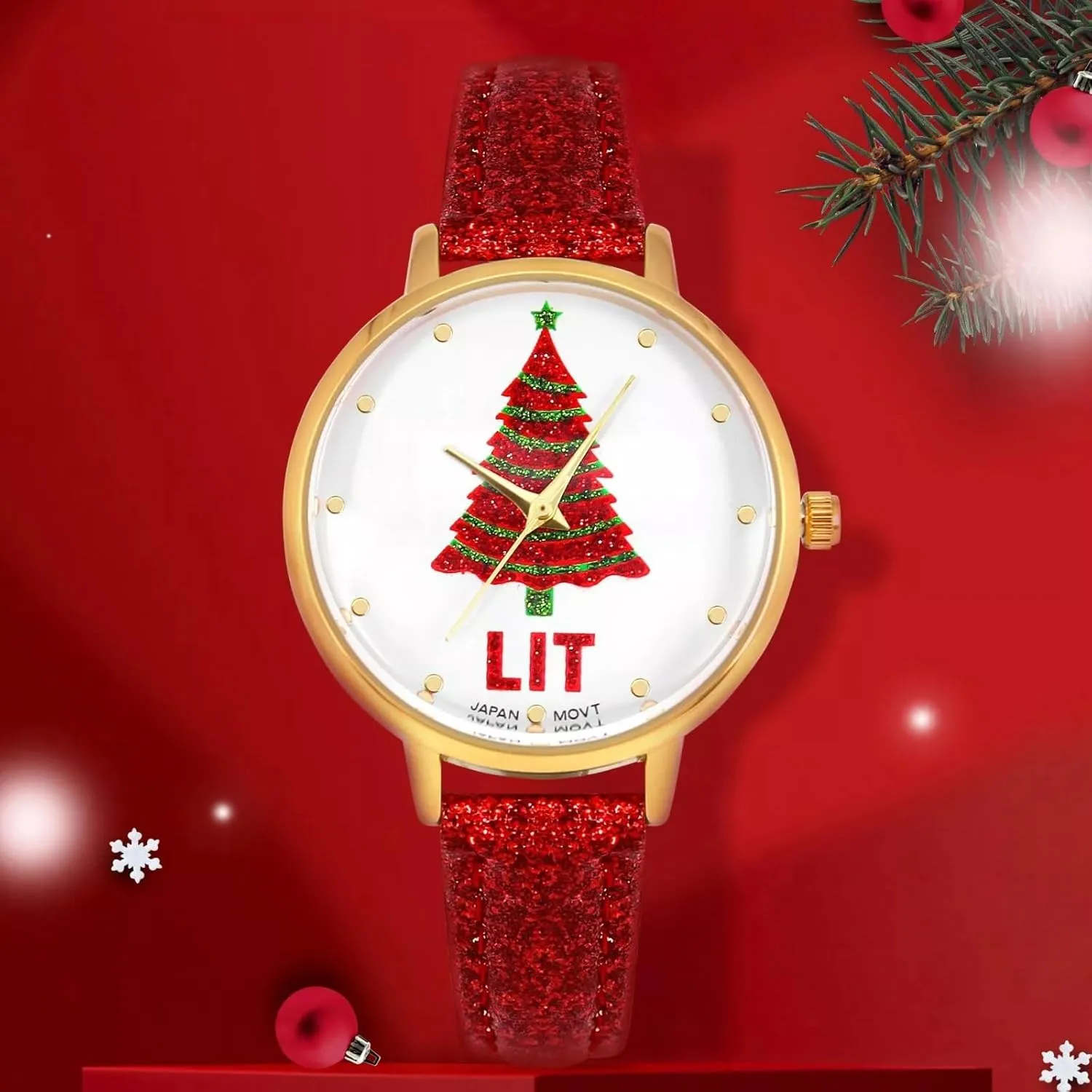 MASTOP Christmas Tree Watches for Women Santa Claus Snowflake Design 32mm Dial PU Leather Women Watch Men Christmas Gift Gold Green Silver Waistwatch Analog, Unique Fun Novelty