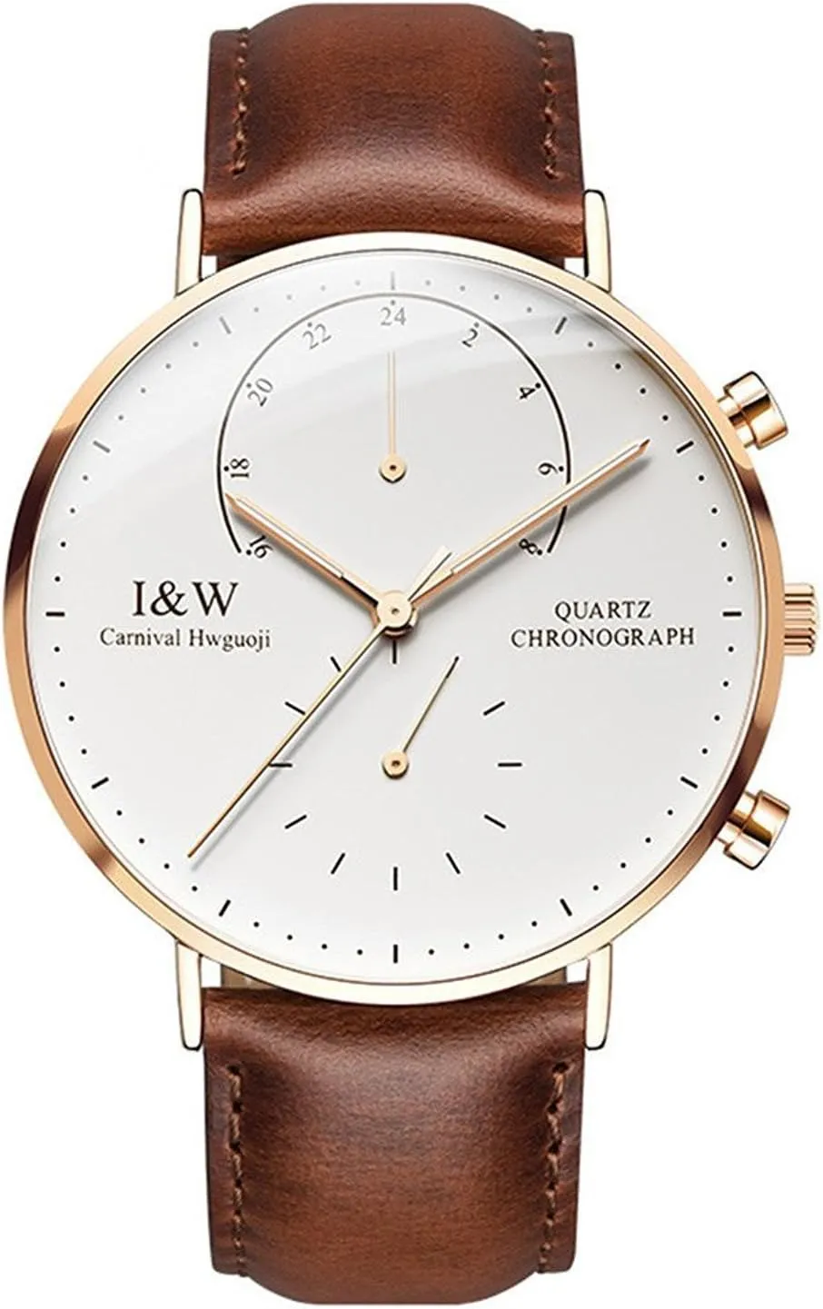 MASTOP Men's Dual Time Zone Analog Luminous Quartz Watch Ultra-Thin Rose Gold Stainless Steel Case Calfskin Band
