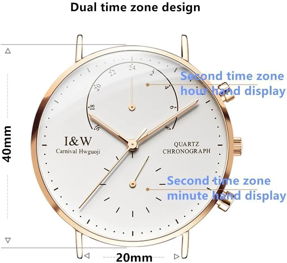 MASTOP Men's Dual Time Zone Analog Luminous Quartz Watch Ultra-Thin Rose Gold Stainless Steel Case Calfskin Band