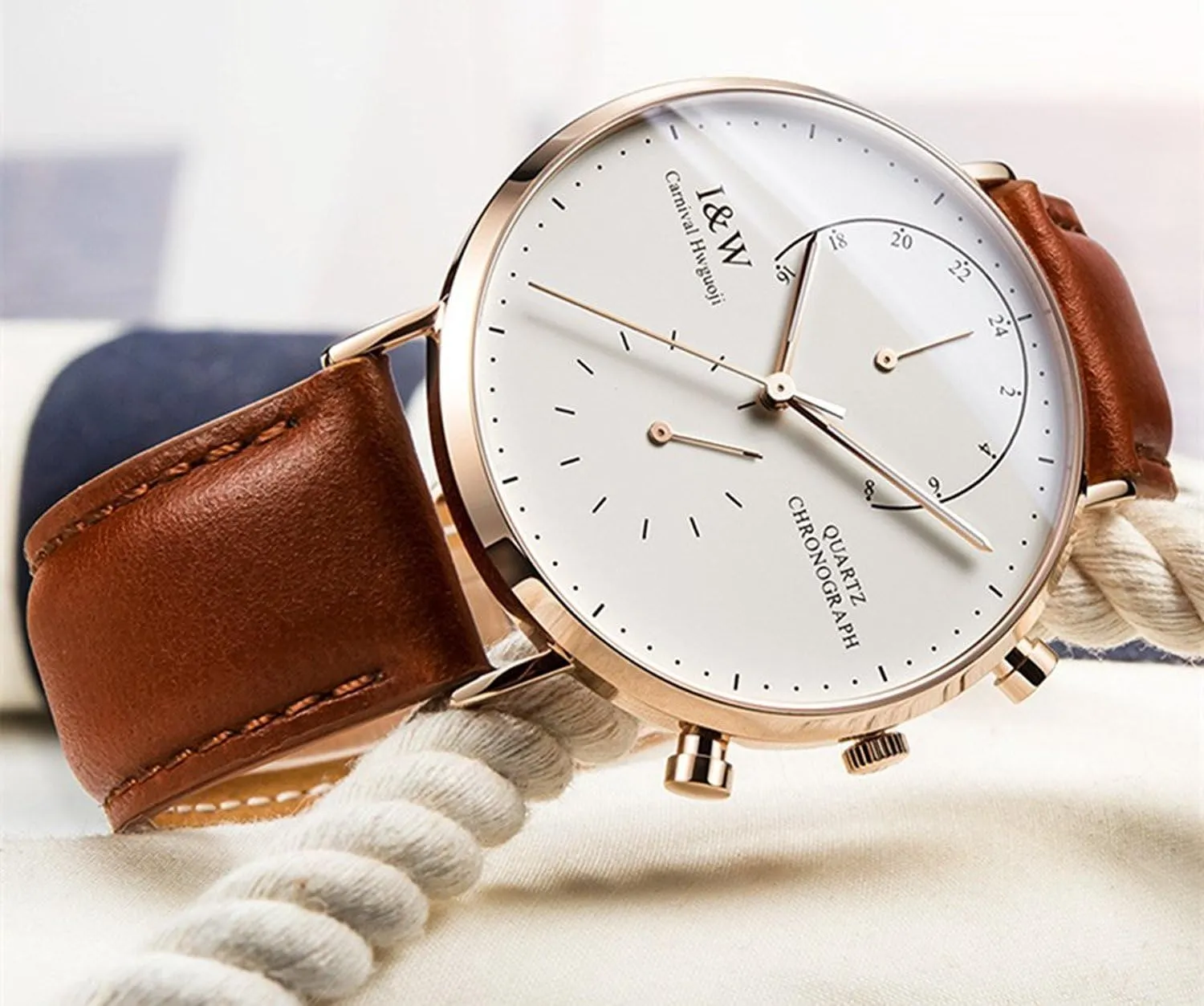 MASTOP Men's Dual Time Zone Analog Luminous Quartz Watch Ultra-Thin Rose Gold Stainless Steel Case Calfskin Band