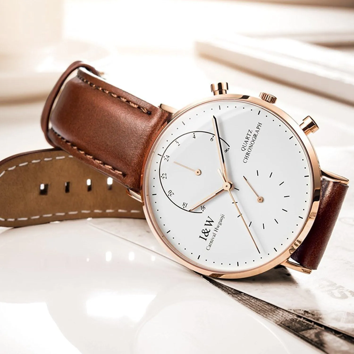 MASTOP Men's Dual Time Zone Analog Luminous Quartz Watch Ultra-Thin Rose Gold Stainless Steel Case Calfskin Band