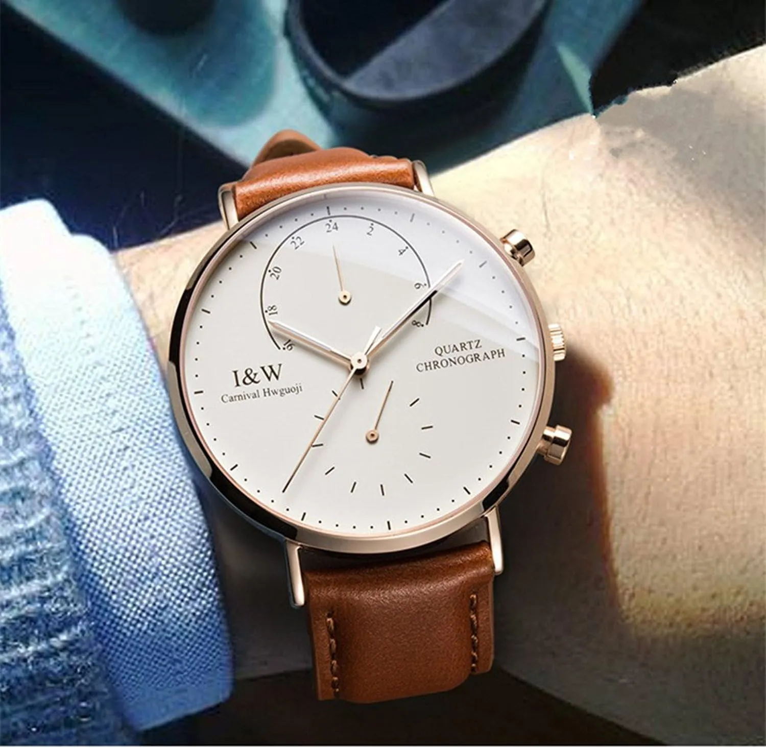 MASTOP Men's Dual Time Zone Analog Luminous Quartz Watch Ultra-Thin Rose Gold Stainless Steel Case Calfskin Band