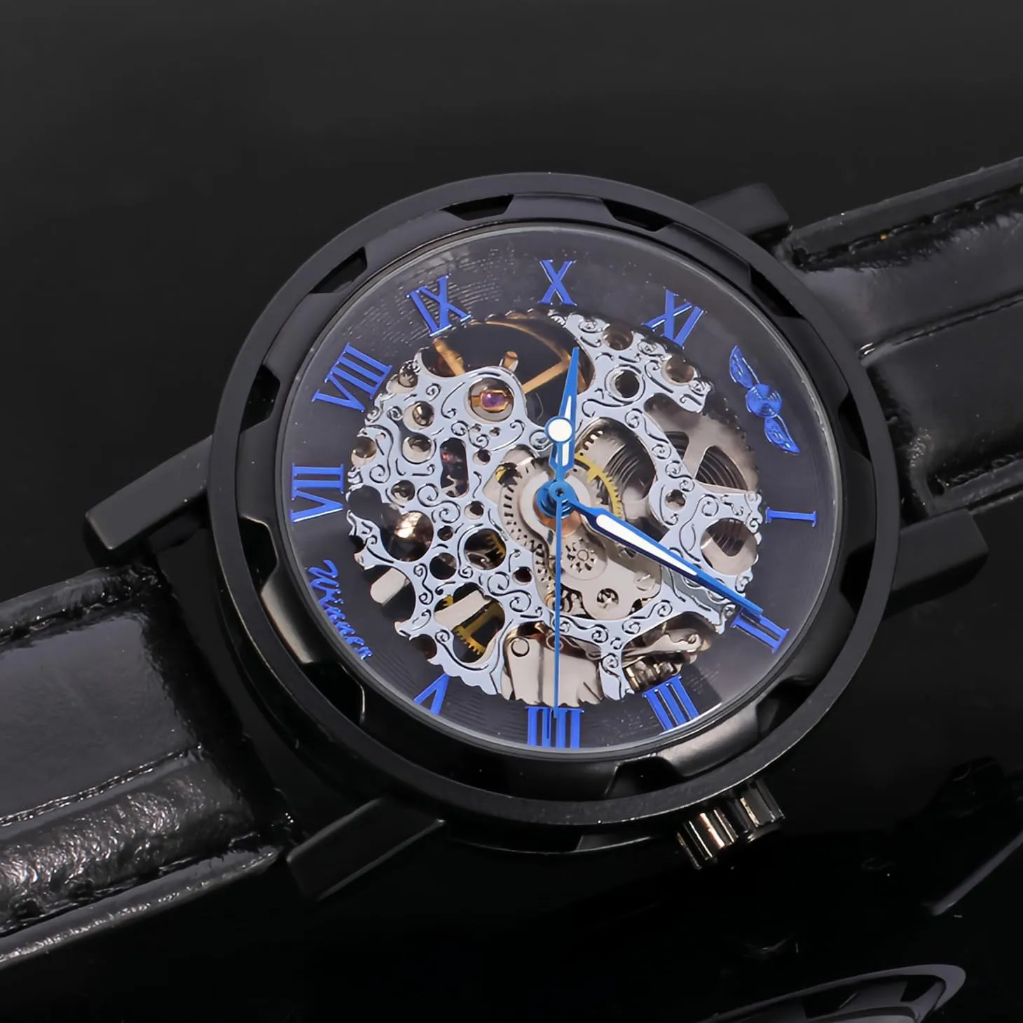 MASTOP Men's Retro Minimalist Mechanical Wrist Watch Leather Strap Roman Number Transparent Dial Skeleton Watch