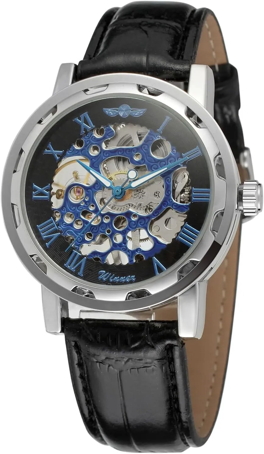MASTOP Men's Retro Minimalist Mechanical Wrist Watch Leather Strap Roman Number Transparent Dial Skeleton Watch