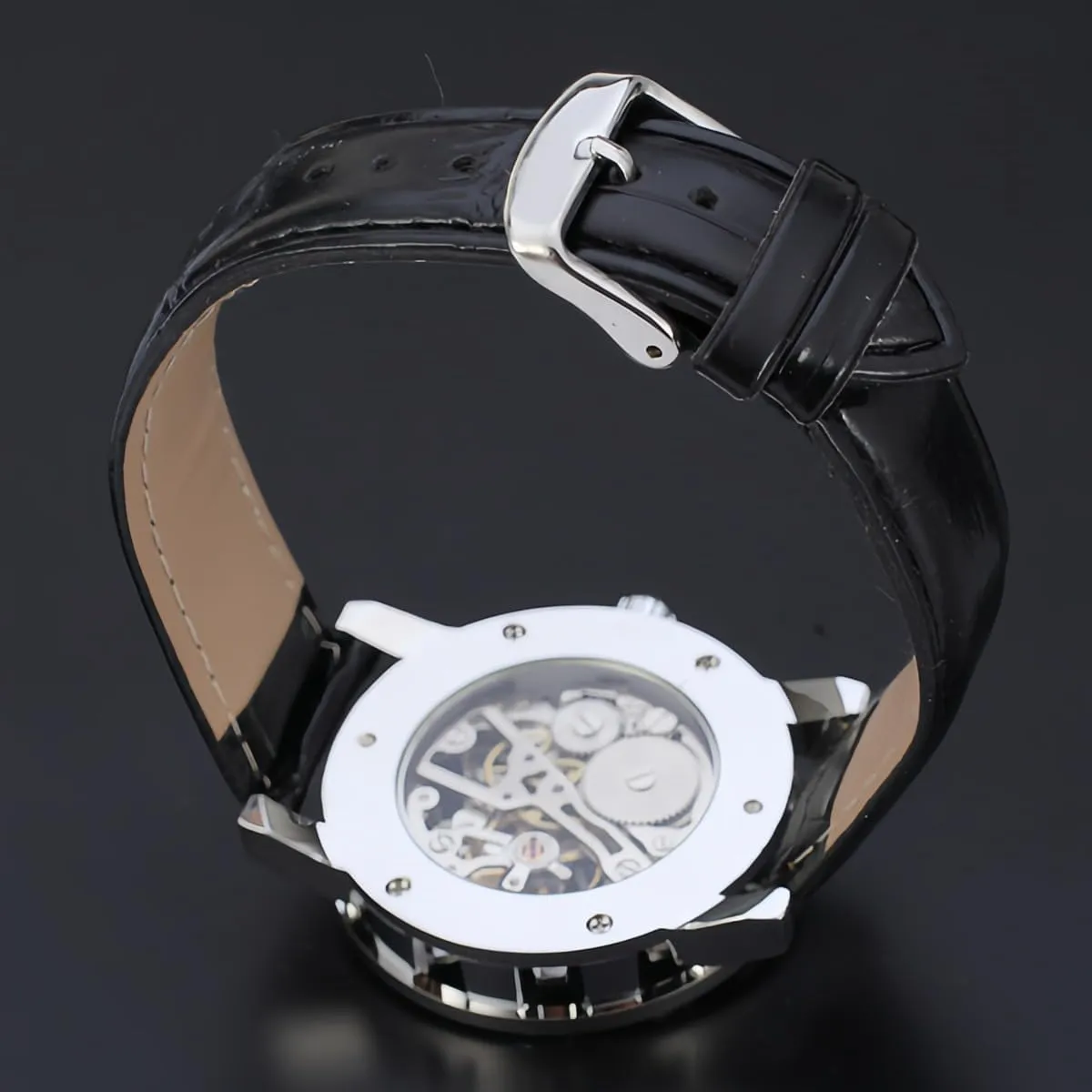 MASTOP Men's Retro Minimalist Mechanical Wrist Watch Leather Strap Roman Number Transparent Dial Skeleton Watch