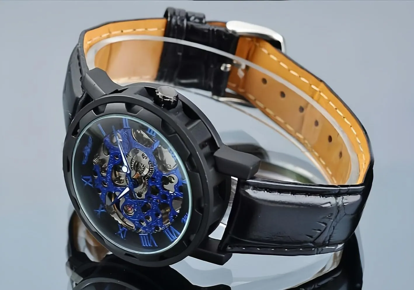 MASTOP Men's Retro Minimalist Mechanical Wrist Watch Leather Strap Roman Number Transparent Dial Skeleton Watch