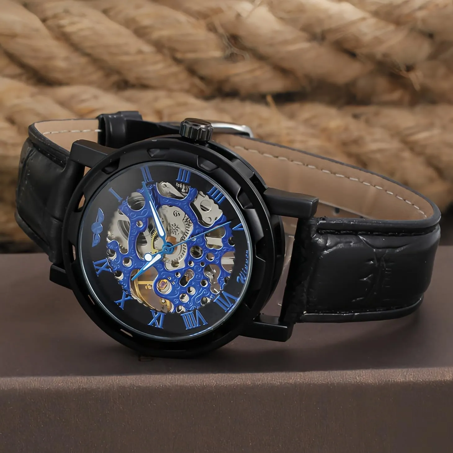 MASTOP Men's Retro Minimalist Mechanical Wrist Watch Leather Strap Roman Number Transparent Dial Skeleton Watch