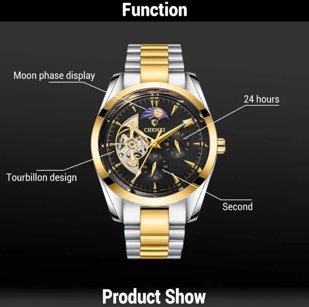MASTOPMens Automatic Mechanical Watches Stainless Steel Tourbillon Moon Phase Waterproof Classic Analog Dress Wrist Watch