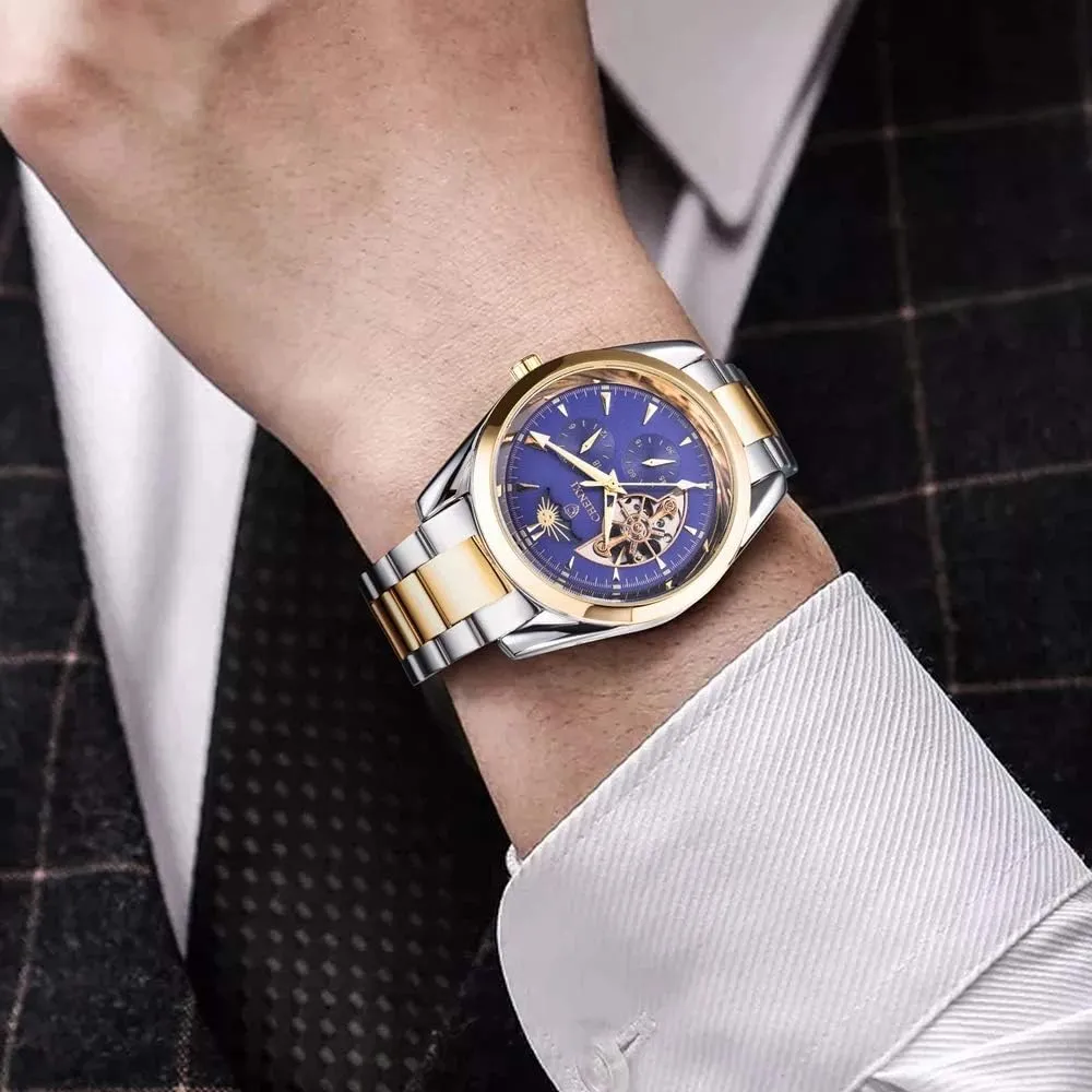 MASTOPMens Automatic Mechanical Watches Stainless Steel Tourbillon Moon Phase Waterproof Classic Analog Dress Wrist Watch