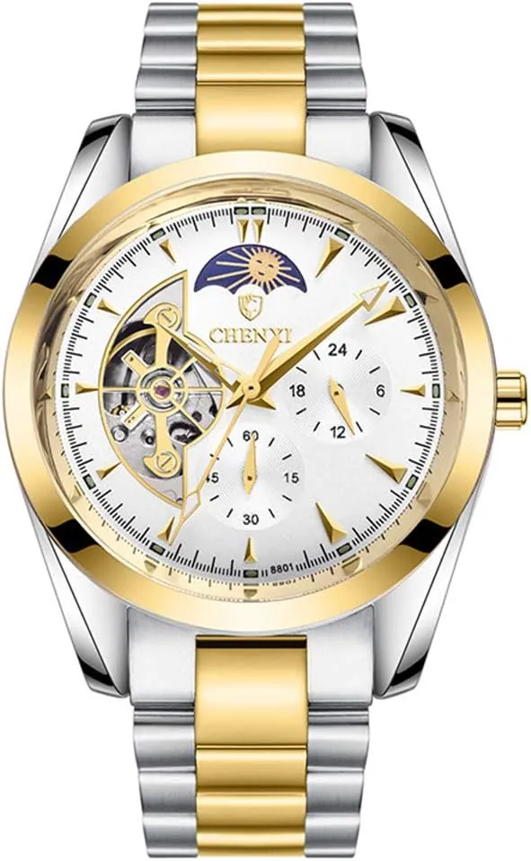 MASTOPMens Automatic Mechanical Watches Stainless Steel Tourbillon Moon Phase Waterproof Classic Analog Dress Wrist Watch