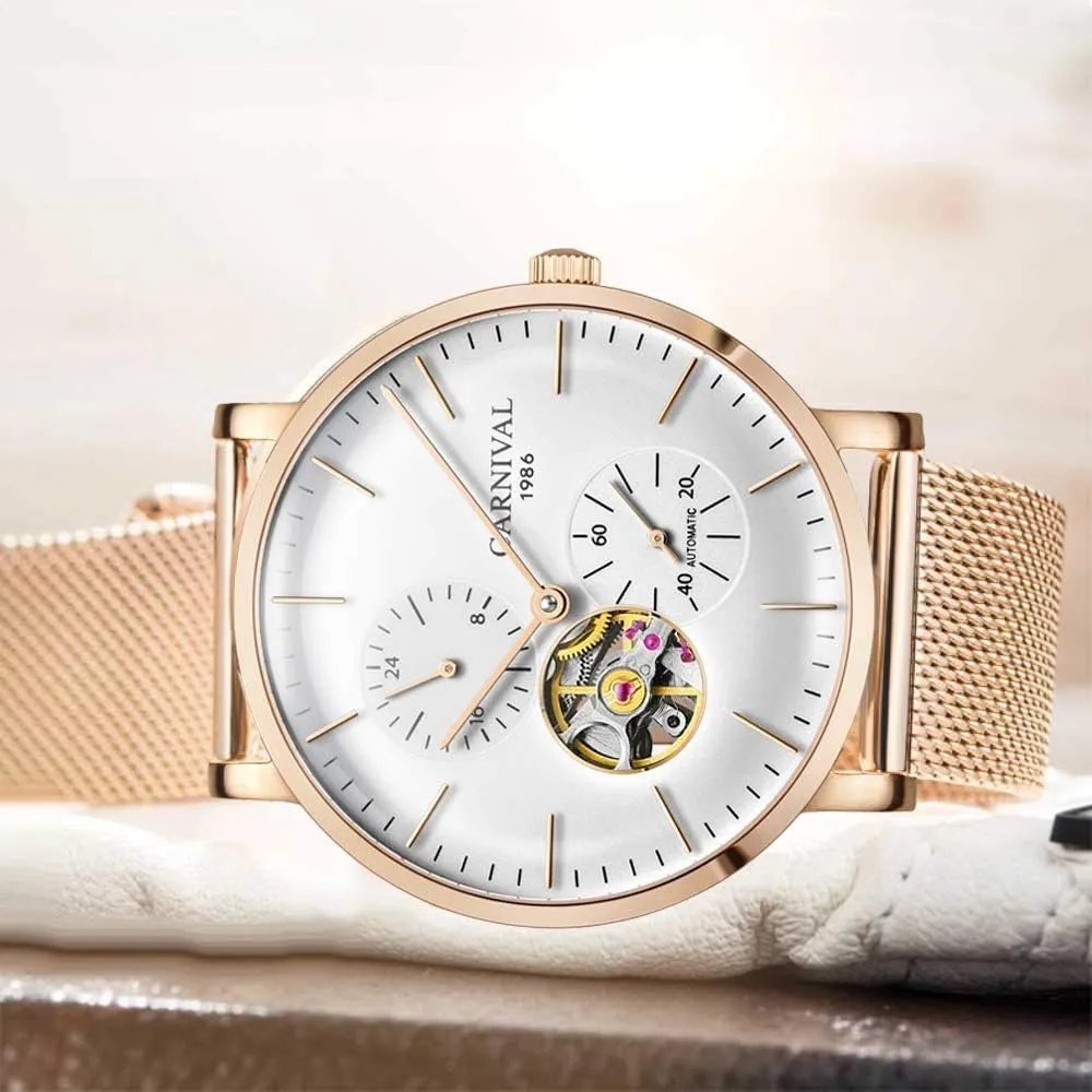 MASTOPMen's Original Automatic Mechanical Watch Steel Mesh Band Tourbillon Design Hollow dial Men Watch