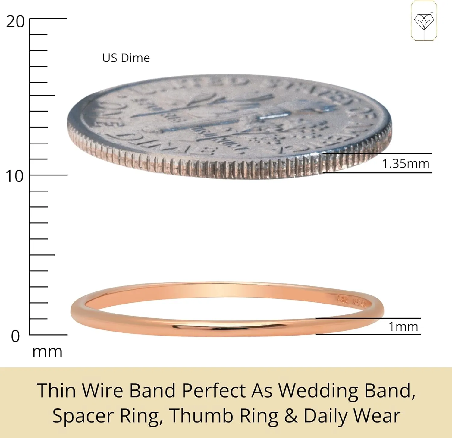MAX   STONE 1MM Thin 14k Gold Wedding Band Ring for Women Dainty Stacking Ring in Rose White or Yellow Gold Hypoallergenic Anti Tarnish Spacer Ring Sizes 4.5 to 10