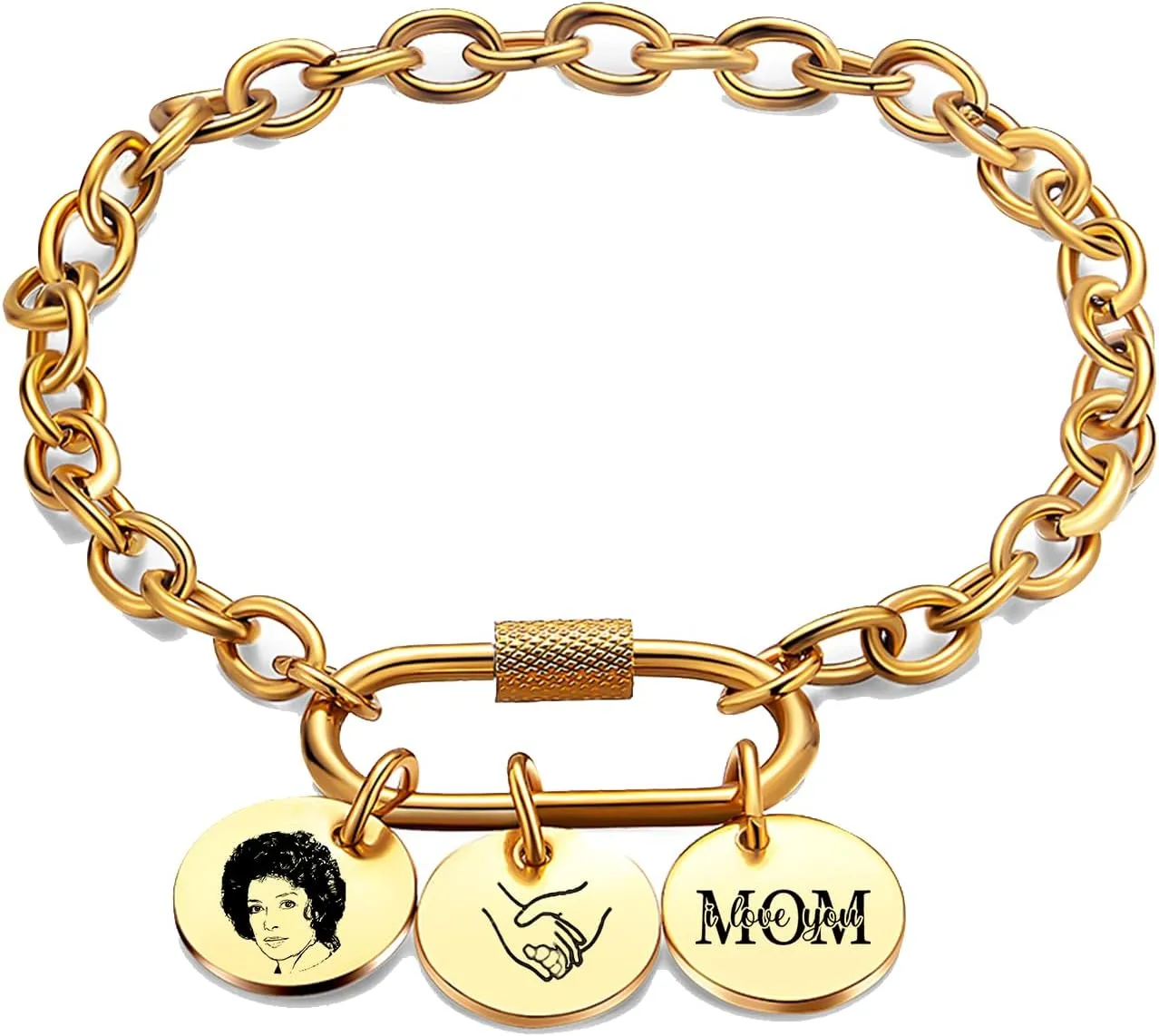 MeiceM Custom Round Charm Bracelet,Engraved Charms picture,Chain Link Bracelet with Disc Charms, personalize Stainless Steel Bangle, mothers day gift