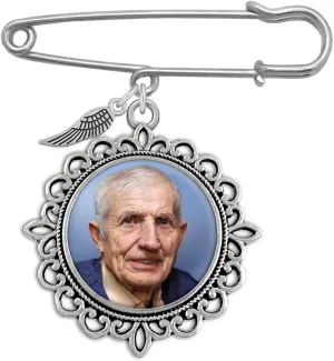 Memorial Wedding Bouquet Photo Charm Pin or Grooms Boutonniere Pin Photo Memory Charm Brooch Keepsake with Guardian Angel Wing Charm Add Your Own Picture