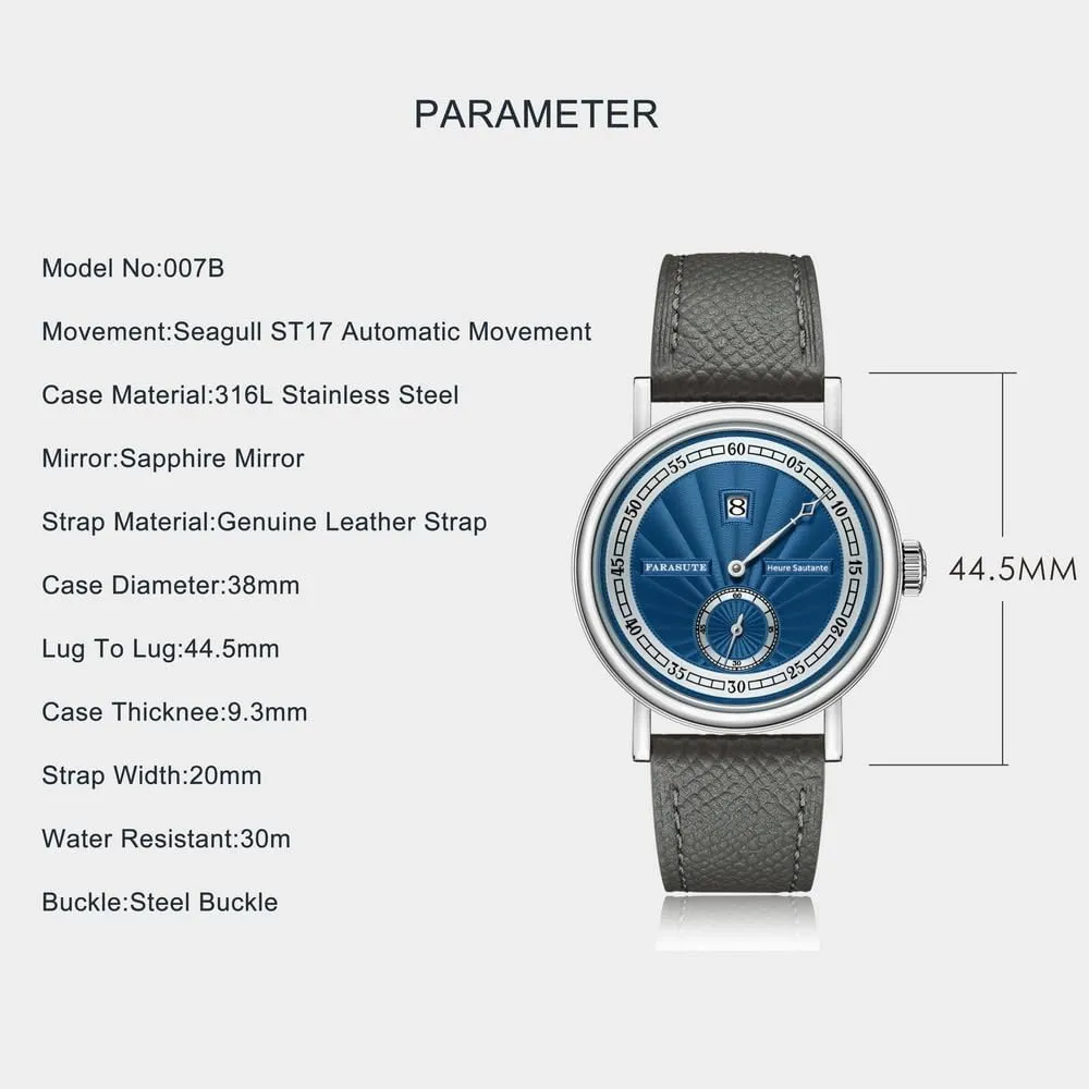 Men Automatic Watch 38mm Luxury Jump Hour Mechanical Wristwatch