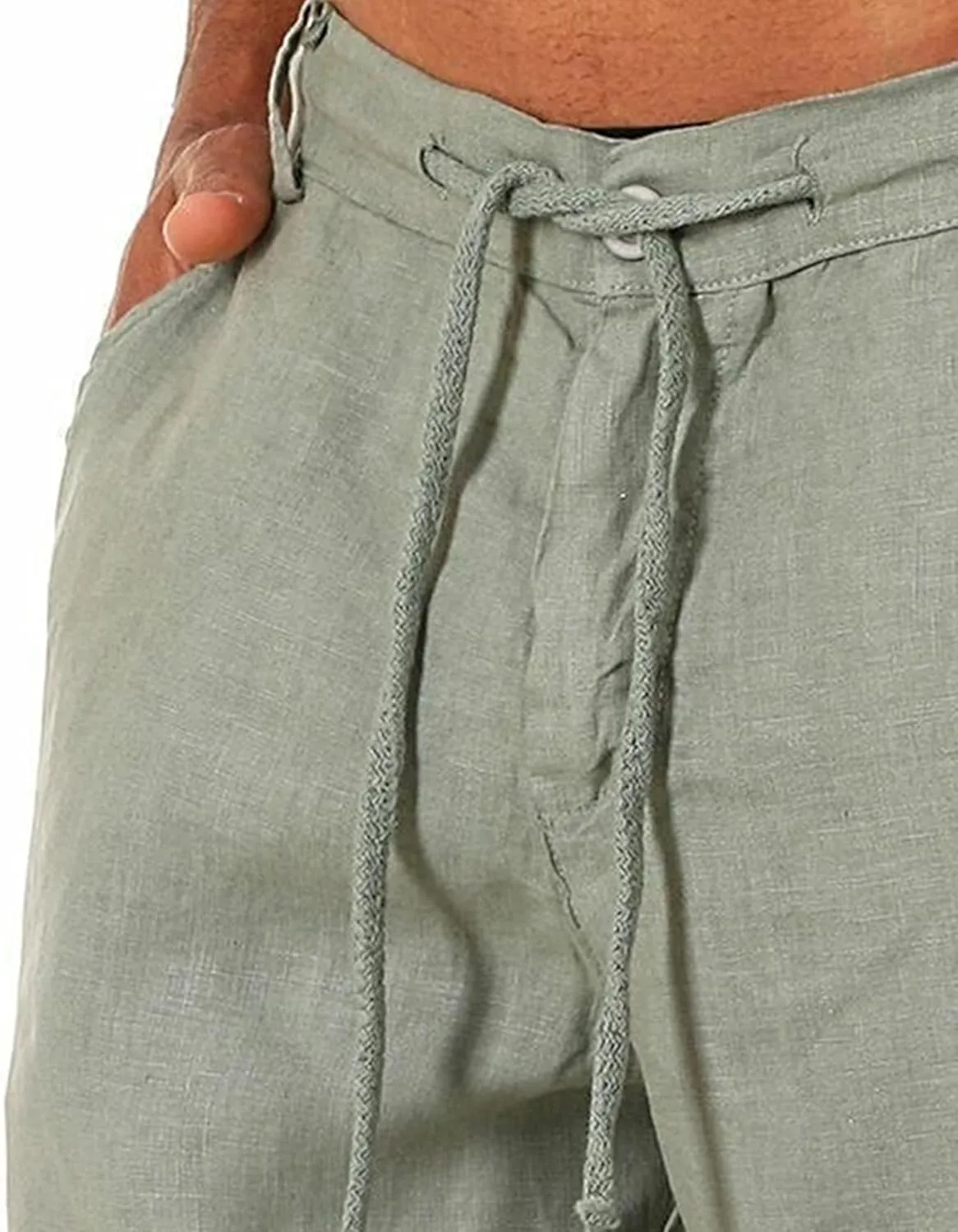 Men Linen Solid Color Lace-Up Casual Shorts Classic Summer Beach Shorts with Pocket Cotton Slim-Fit Gym Yoga Shorts