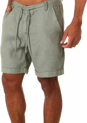 Men Linen Solid Color Lace-Up Casual Shorts Classic Summer Beach Shorts with Pocket Cotton Slim-Fit Gym Yoga Shorts
