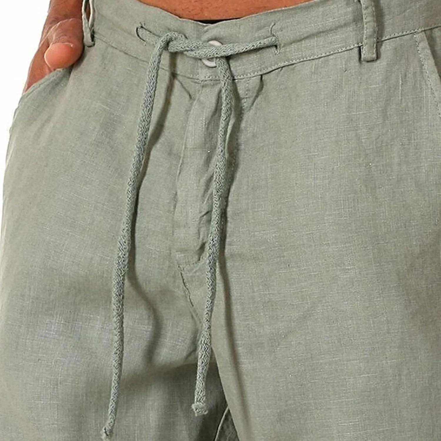 Men Linen Solid Color Lace-Up Casual Shorts Classic Summer Beach Shorts with Pocket Cotton Slim-Fit Gym Yoga Shorts
