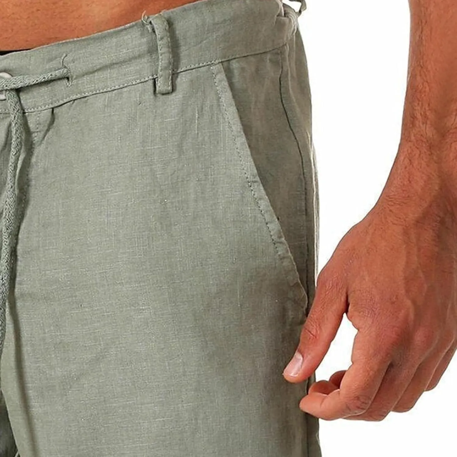 Men Linen Solid Color Lace-Up Casual Shorts Classic Summer Beach Shorts with Pocket Cotton Slim-Fit Gym Yoga Shorts