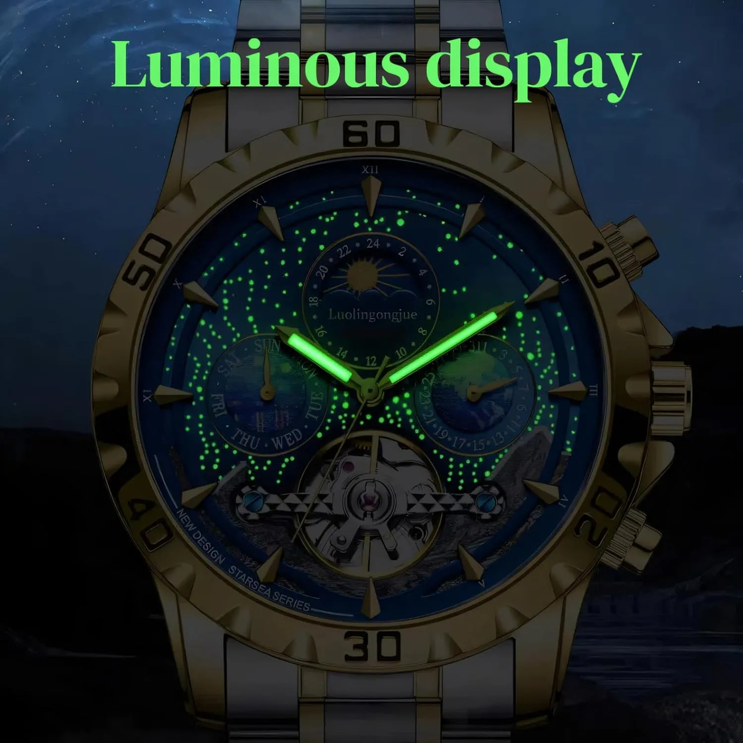 Men Mechanical Watches Calendar Week Moon Phase Automatic Men Business Tourbillon Wristwatch Waterproof Luminous Starry Sky Watch