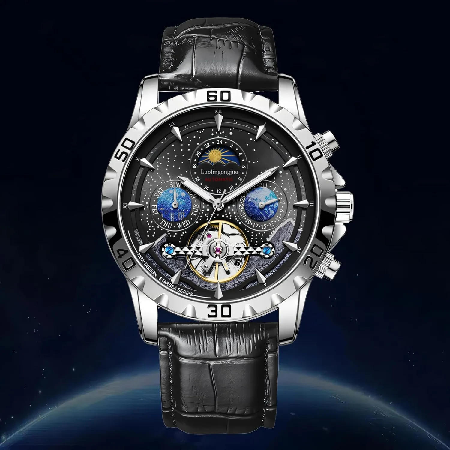 Men Mechanical Watches Calendar Week Moon Phase Automatic Men Business Tourbillon Wristwatch Waterproof Luminous Starry Sky Watch