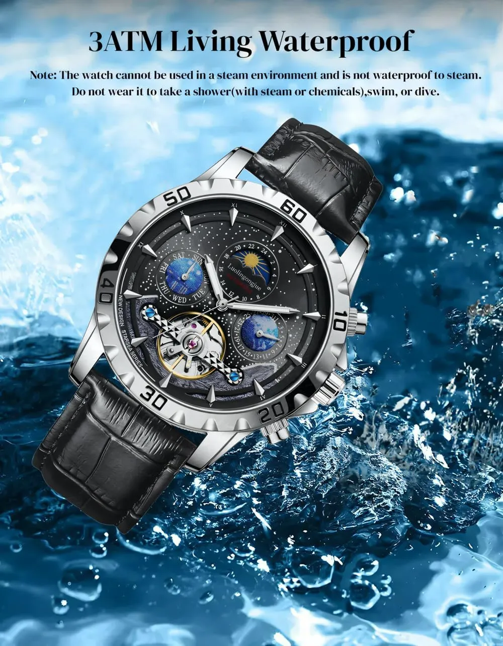 Men Mechanical Watches Calendar Week Moon Phase Automatic Men Business Tourbillon Wristwatch Waterproof Luminous Starry Sky Watch