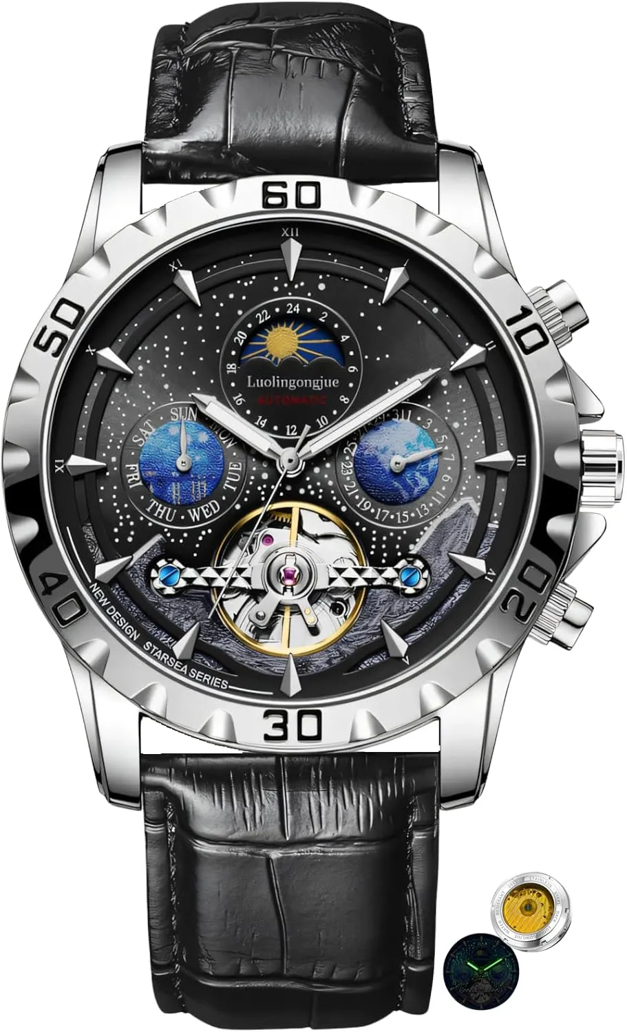 Men Mechanical Watches Calendar Week Moon Phase Automatic Men Business Tourbillon Wristwatch Waterproof Luminous Starry Sky Watch