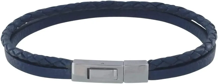 Men Steel Bracelet Blue Navy Leather Flat Textured and Round Braid
