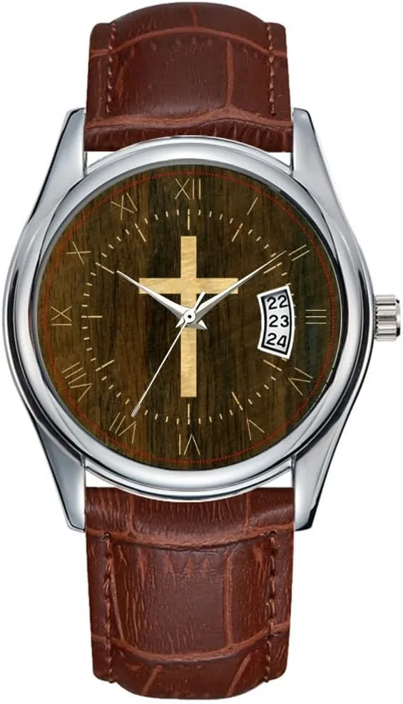 Men Watch Casual Waterproof Quartz Watches Clock Date Classic Business Brown Leather Christmas Wristwatch Basic Christian Cross Wooden Veneer Maple Rosewood Watches
