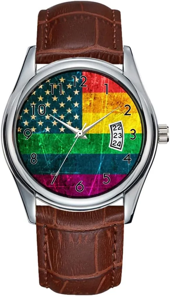 Men Watch Casual Waterproof Quartz Watches Clock Date Classic Business Brown Leather Christmas Wristwatch Scratched Vintage Gay Pride American Rainbow Flag Watches