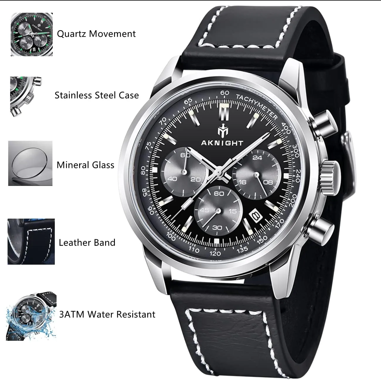 Men Watch Watch for Men Waterproof Stainless Steel Chronograph Quartz Analog Fashion Business Sport Work Wrist Watches