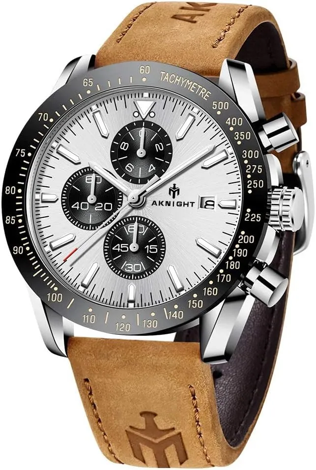 Men Watches Stainless Steel Watches for Man Waterproof Analog Chronograph Watches Work Classic Men's Wrist Watch with Leather Band