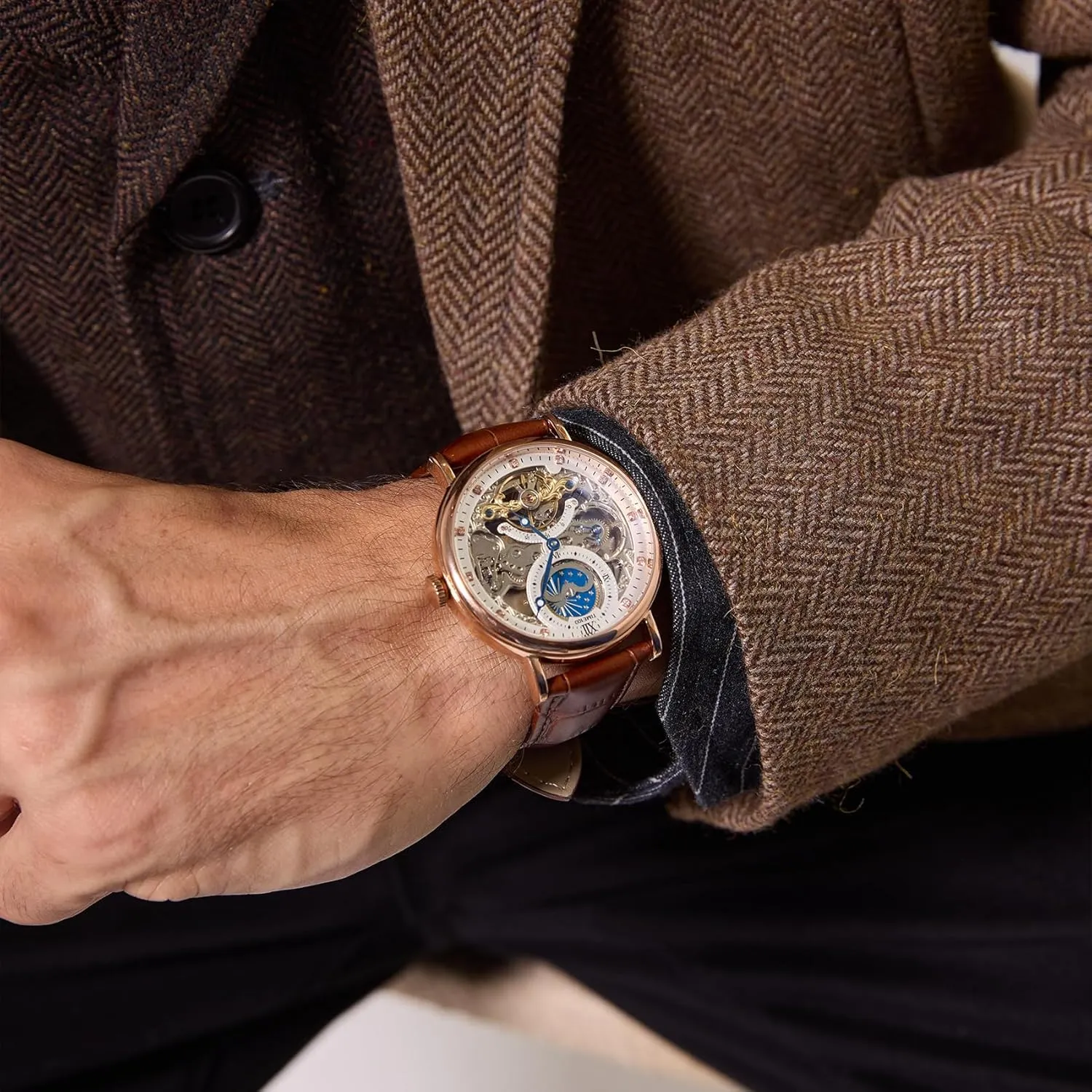 Men's Automatic Watch Self Winding Mechanical Watch Genuine Leather Strap Skeleton Watches for Men