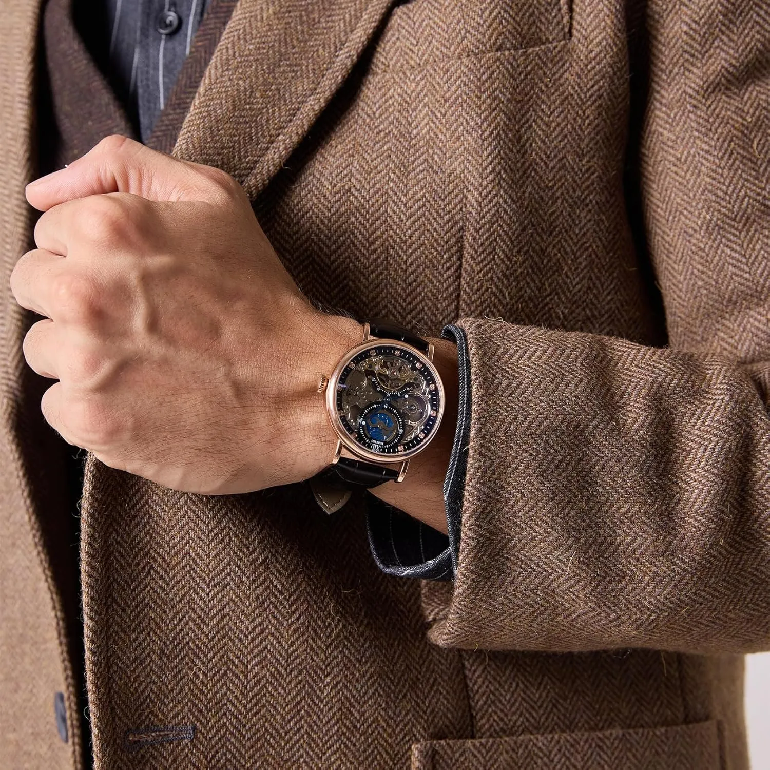Men's Automatic Watch Self Winding Mechanical Watch Genuine Leather Strap Skeleton Watches for Men