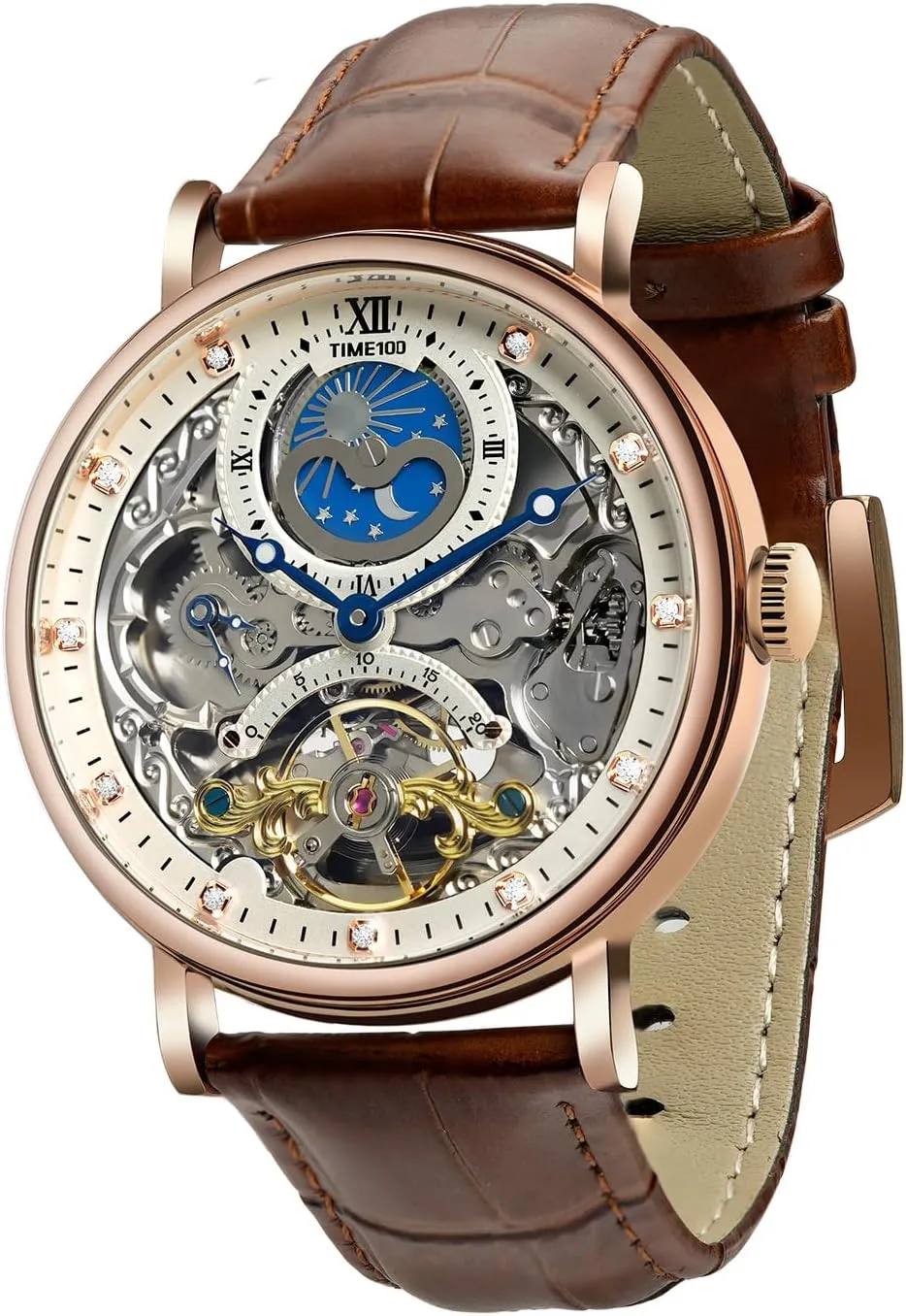 Men's Automatic Watch Self Winding Mechanical Watch Genuine Leather Strap Skeleton Watches for Men