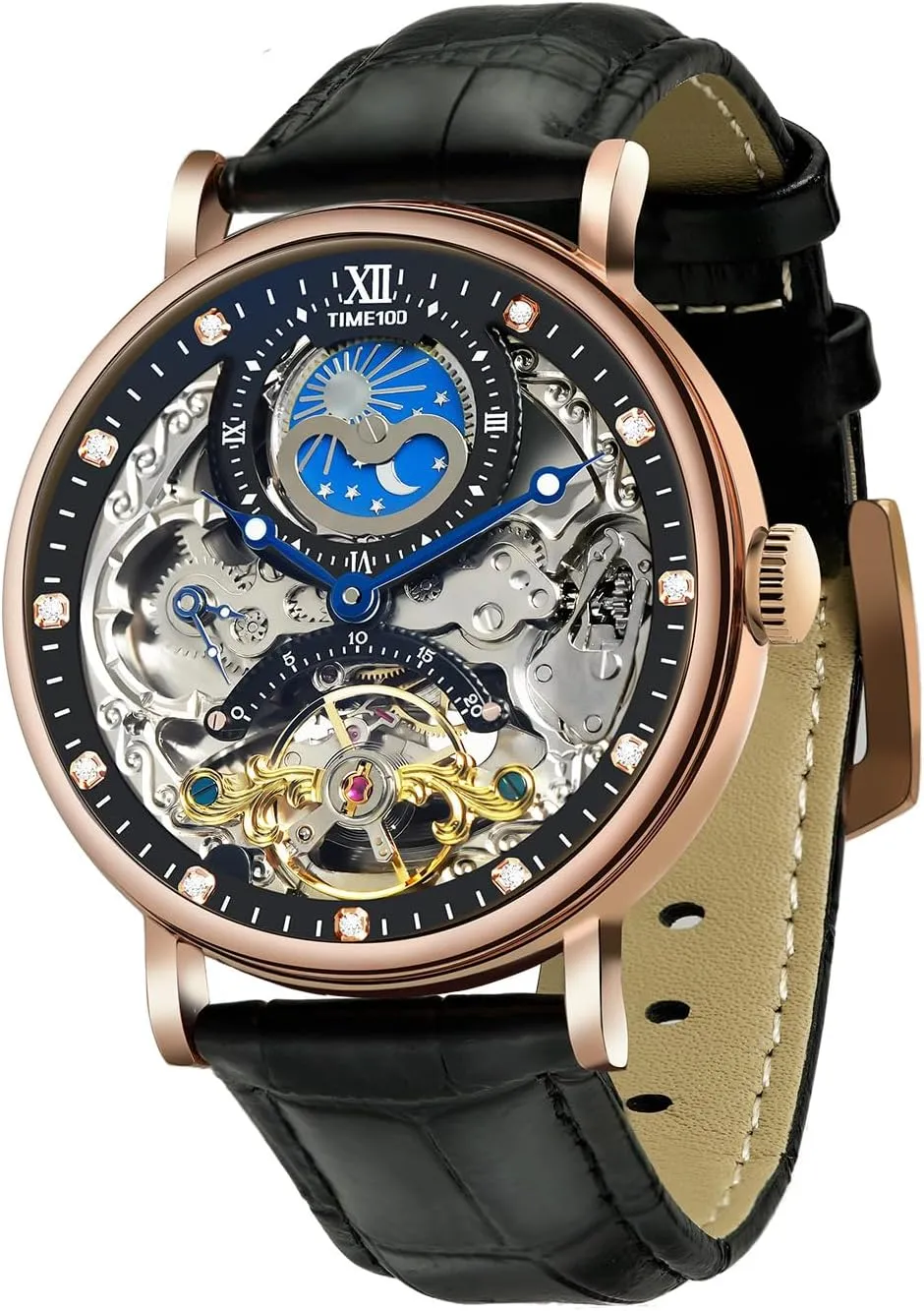 Men's Automatic Watch Self Winding Mechanical Watch Genuine Leather Strap Skeleton Watches for Men