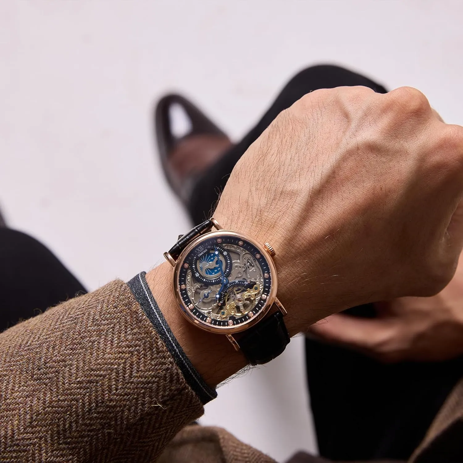 Men's Automatic Watch Self Winding Mechanical Watch Genuine Leather Strap Skeleton Watches for Men
