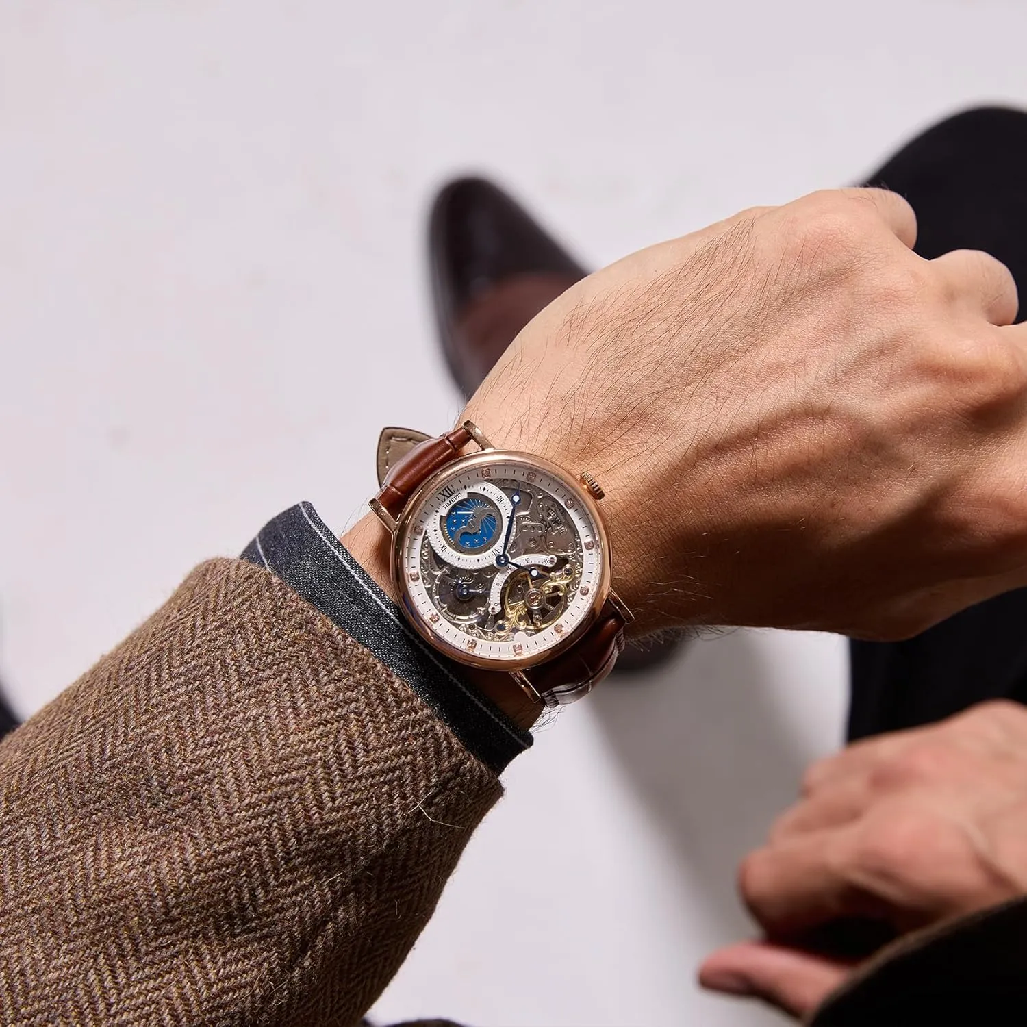 Men's Automatic Watch Self Winding Mechanical Watch Genuine Leather Strap Skeleton Watches for Men