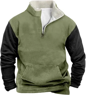 Men's Autumn Winter Sweatshirt Plush Stand Collar Tops Half Zipper Patchwork Pullover Fashion Casual Long Sleeve Top