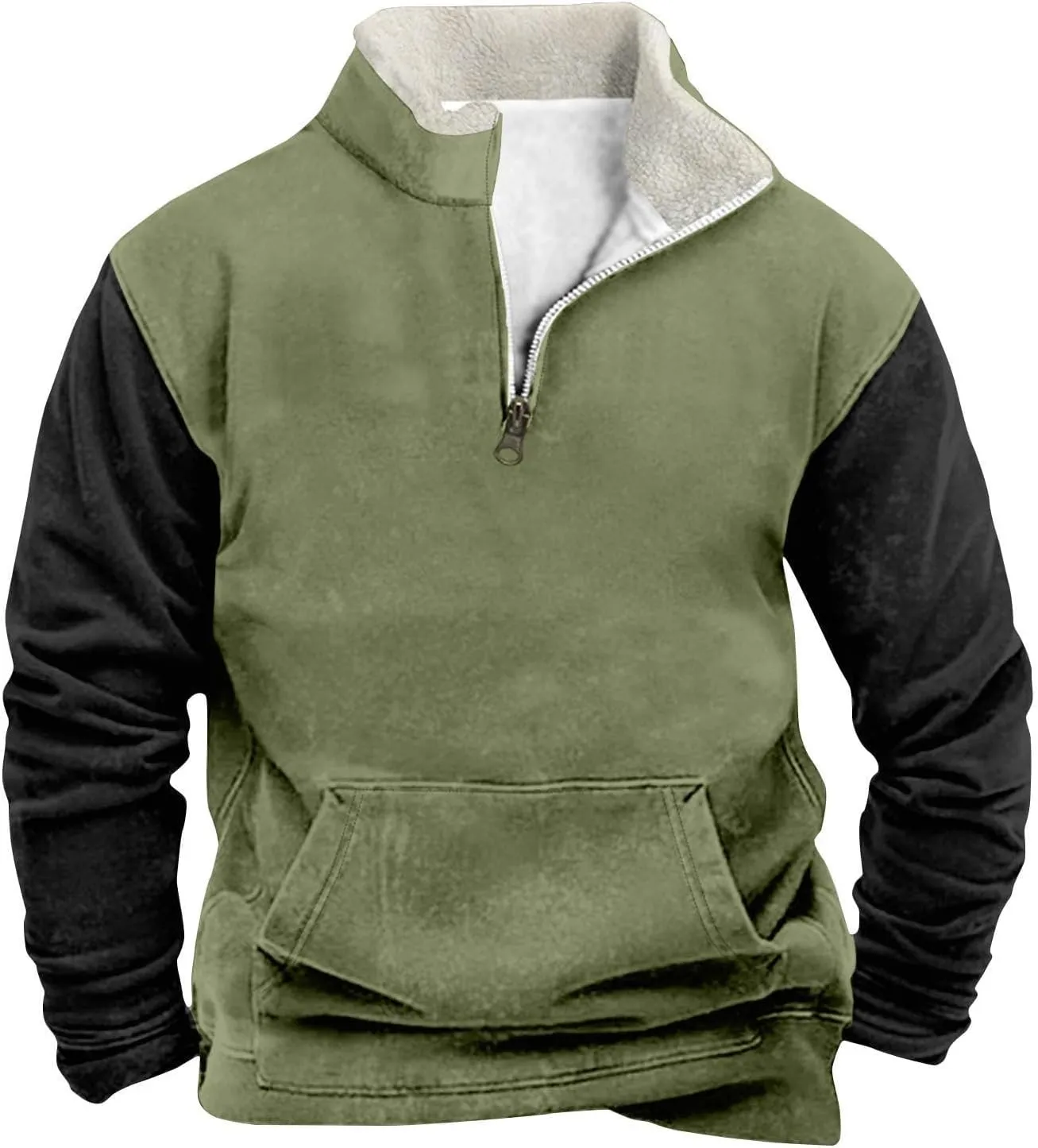Men's Autumn Winter Sweatshirt Plush Stand Collar Tops Half Zipper Patchwork Pullover Fashion Casual Long Sleeve Top