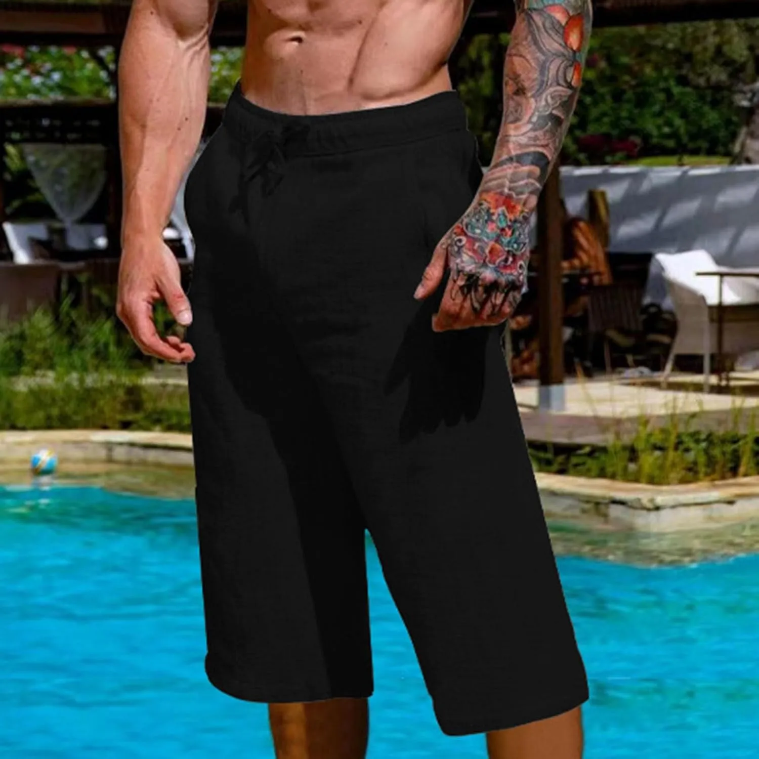 Mens Capri Pants Summer Baggy Casual Linen High Waist Drawstring Harem Pants Lightweight Solid Beach Wide Leg Capris