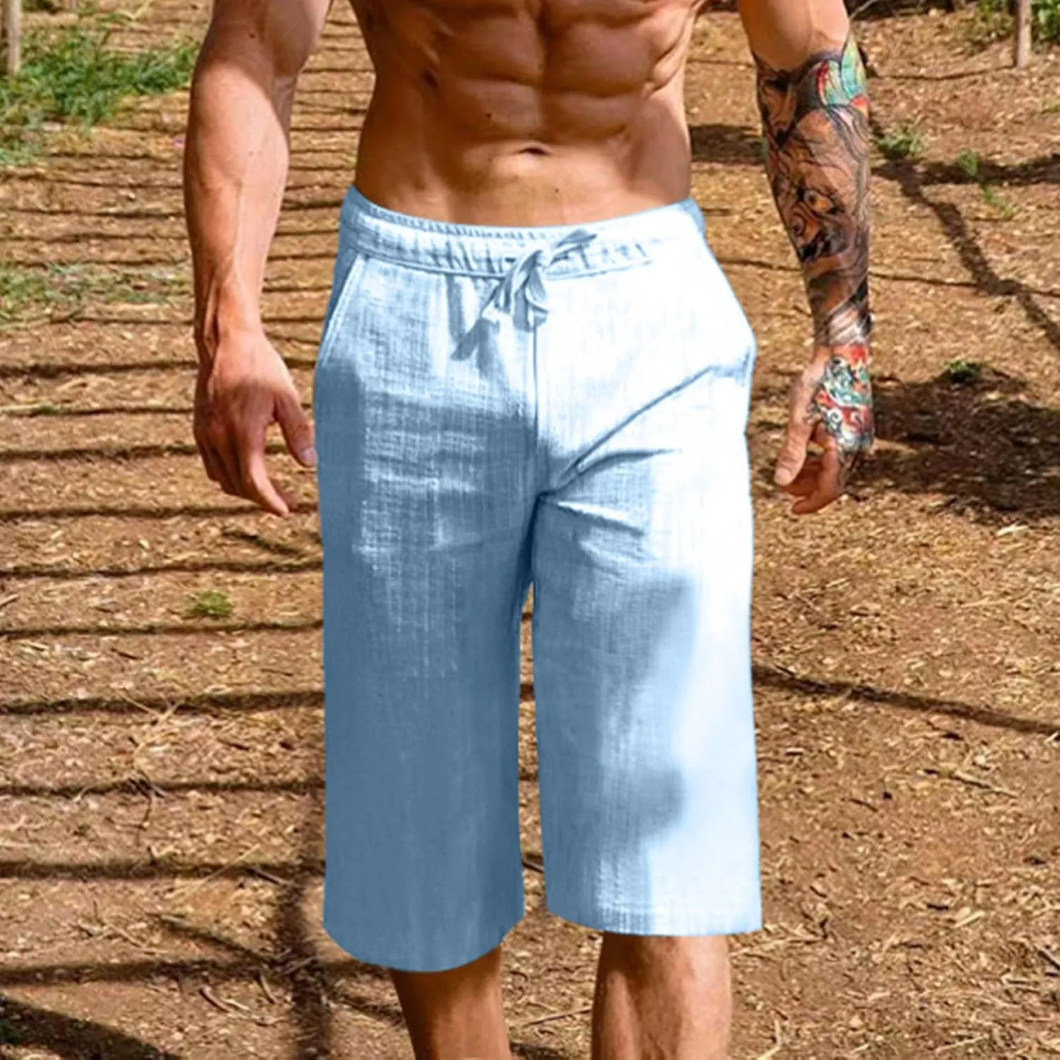 Mens Capri Pants Summer Baggy Casual Linen High Waist Drawstring Harem Pants Lightweight Solid Beach Wide Leg Capris