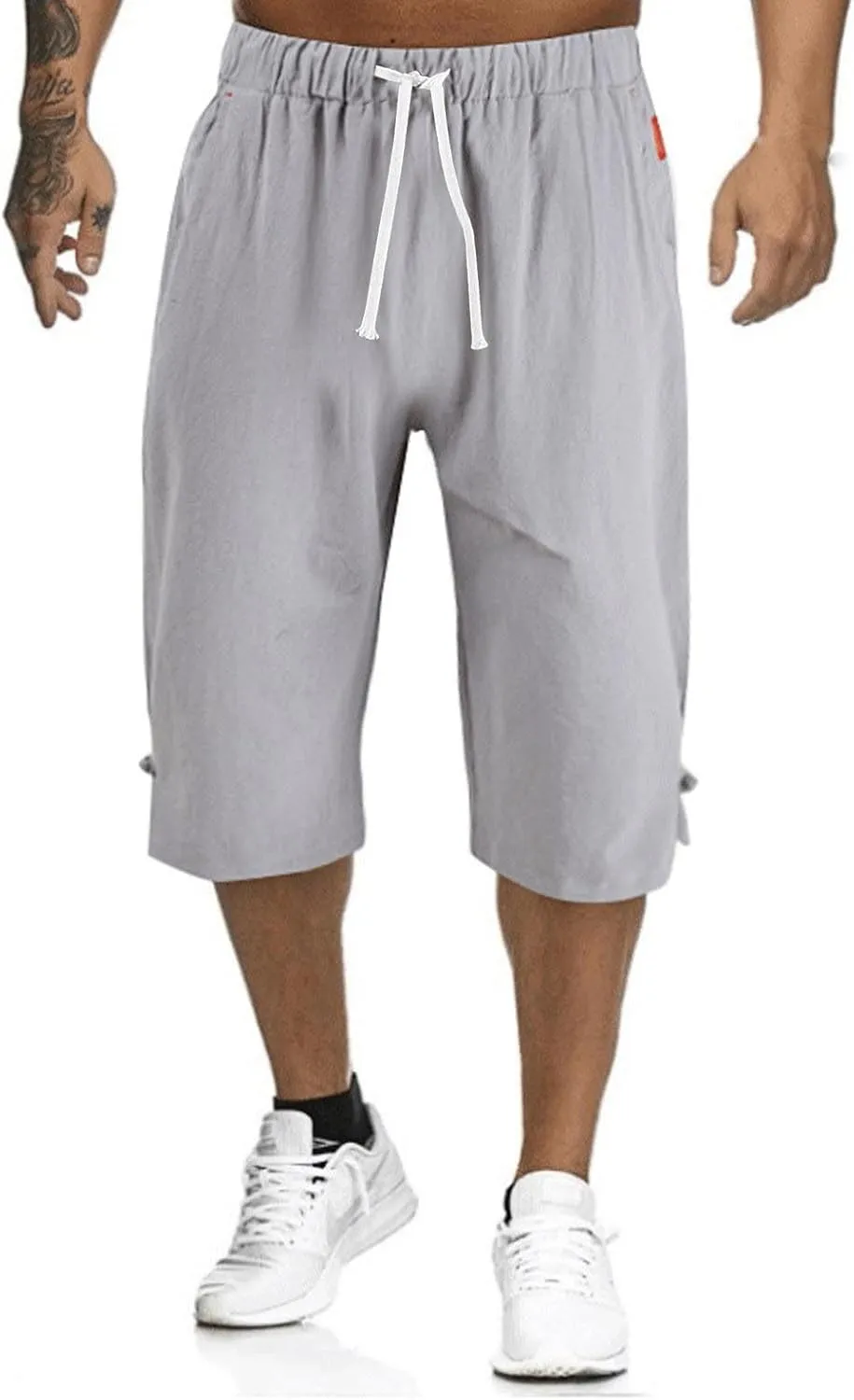 Mens Capri Pants Summer Baggy Casual Linen High Waist Drawstring Harem Pants Lightweight Solid Beach Wide Leg Capris
