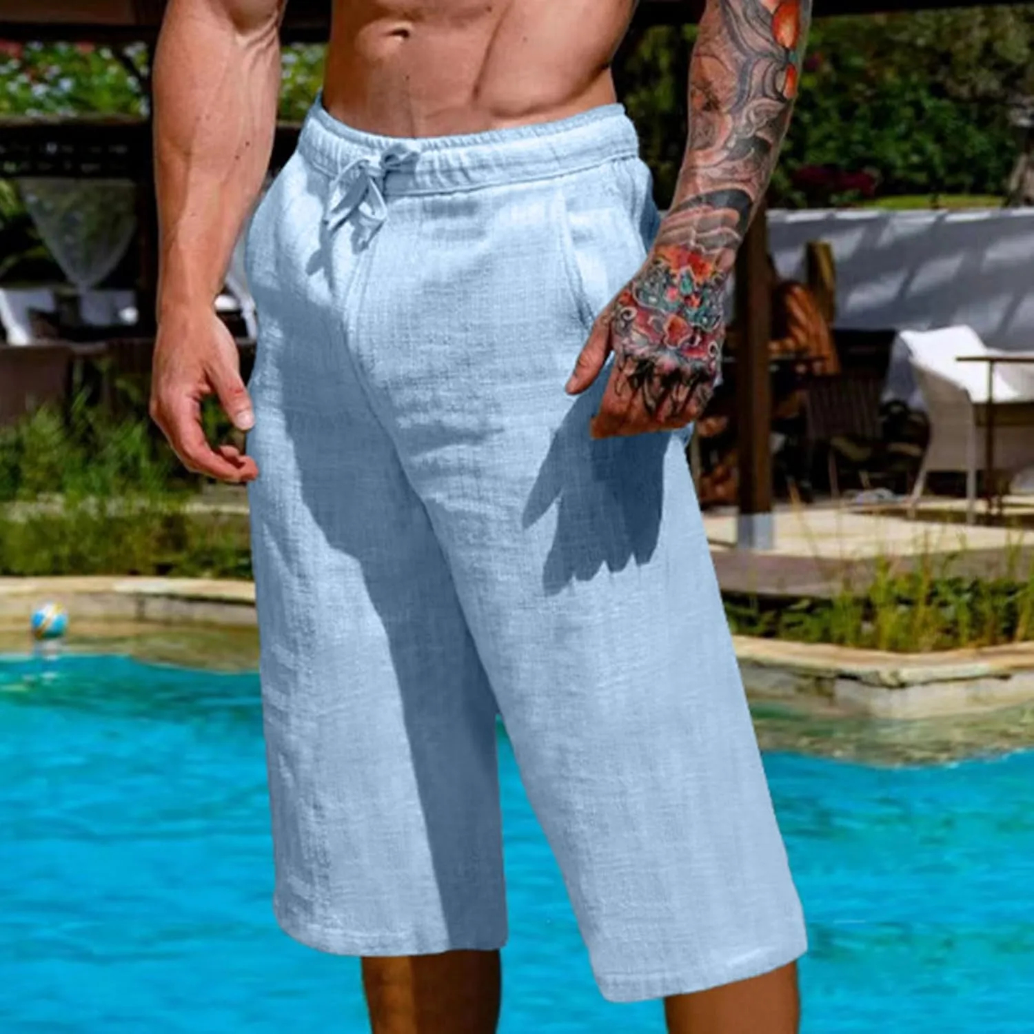 Mens Capri Pants Summer Baggy Casual Linen High Waist Drawstring Harem Pants Lightweight Solid Beach Wide Leg Capris