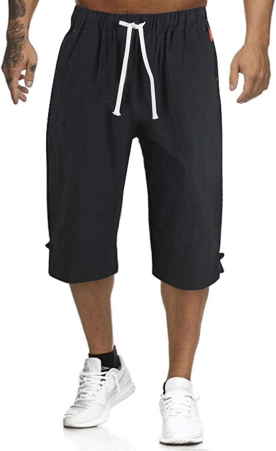 Mens Capri Pants Summer Baggy Casual Linen High Waist Drawstring Harem Pants Lightweight Solid Beach Wide Leg Capris