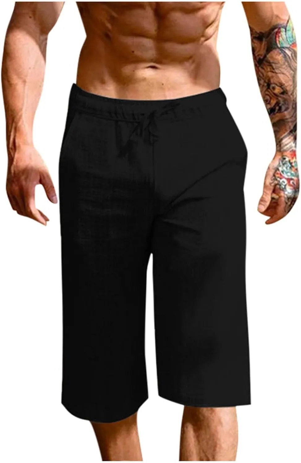 Mens Capri Pants Summer Baggy Casual Linen High Waist Drawstring Harem Pants Lightweight Solid Beach Wide Leg Capris