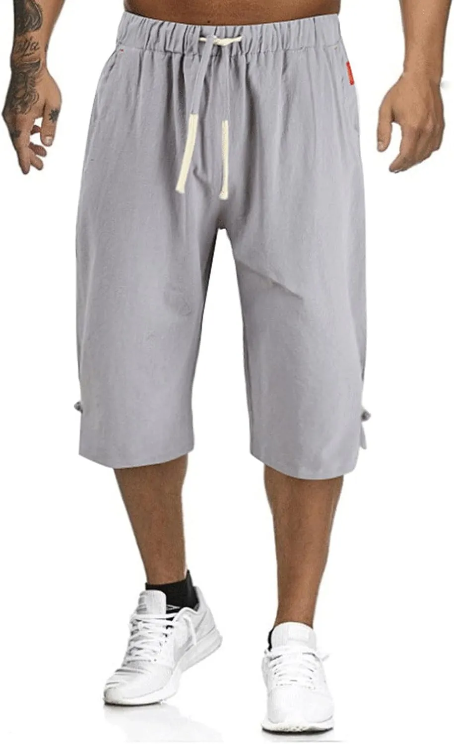 Mens Capri Pants Summer Baggy Casual Linen High Waist Drawstring Harem Pants Lightweight Solid Beach Wide Leg Capris