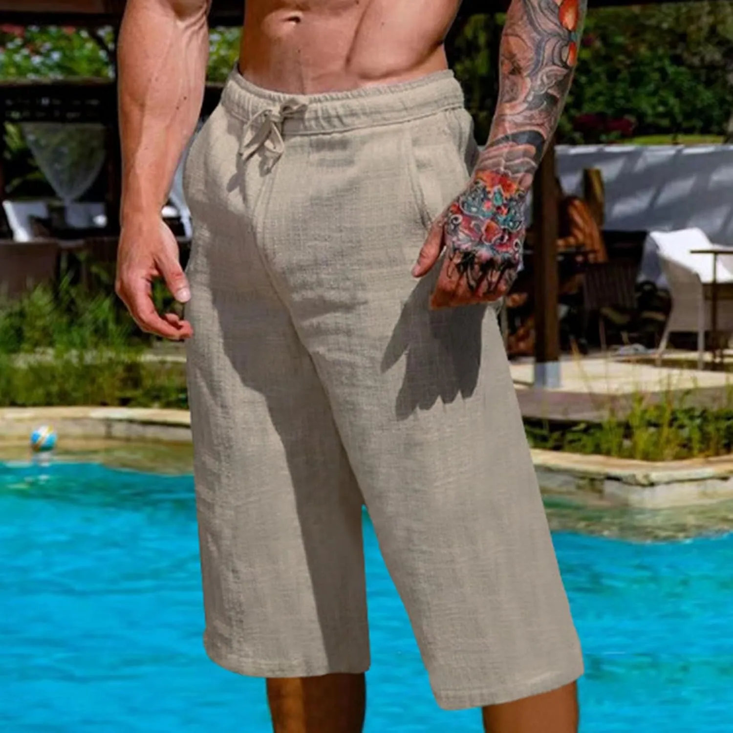 Mens Capri Pants Summer Baggy Casual Linen High Waist Drawstring Harem Pants Lightweight Solid Beach Wide Leg Capris